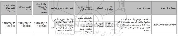مناقصه عمومی یک مرحله ای مناقصه واگذاری امور منشی گری ، بیمه گری و پذیرش بیمارستان آموزشی و درمانی نهم دی تربت حیدریه
