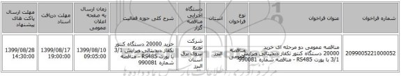 مناقصه عمومی دو مرحله ای خرید 20000 دستگاه کنتور تکفاز دیجیتالی ویرایش 3/1 با پورت RS485  -  مناقصه شماره 990081