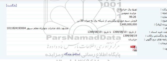 مزایده, مزایده فروش سیم مسی برگشتی از شبکه برق به میزان 50 تن