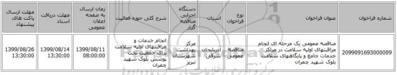 مناقصه عمومی یک مرحله ای انجام مراقبتهای اولیه سلامت در مراکز خدمات جامع و پایگاههای سلامت بلوک شهید چمران