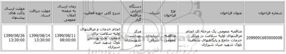 مناقصه عمومی یک مرحله ای انجام مراقبتهای اولیه سلامت در مراکز خدمات جامع و پایگاههای سلامت بلوک شهید صیاد شیرازی