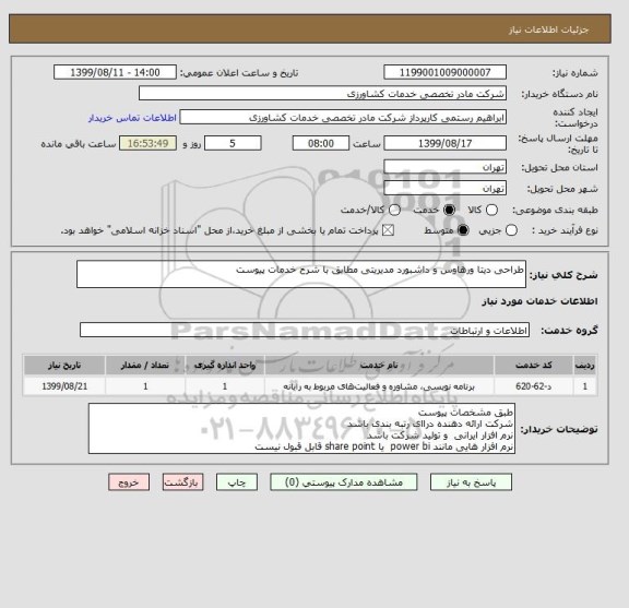 استعلام طراحی دیتا ورهاوس و داشبورد مدیریتی مطابق با شرح خدمات پیوست