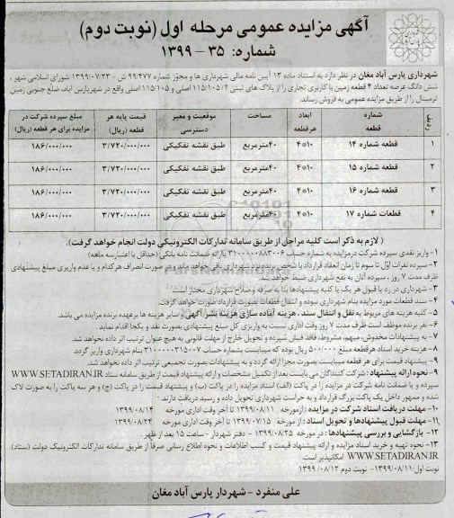 آگهی مزایده مزایده فروش 4 قطعه زمین با کاربری تجاری نوبت دوم
