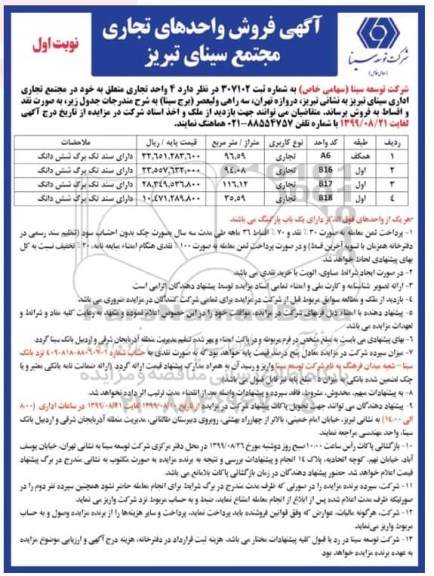 مزایده مزایده فروش واحدهای تجاری مجتمع سینای نوبت اول