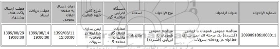 مناقصه عمومی همزمان با ارزیابی (فشرده) یک مرحله ای ایمن سازی خط لوله در رودخانه سرولات