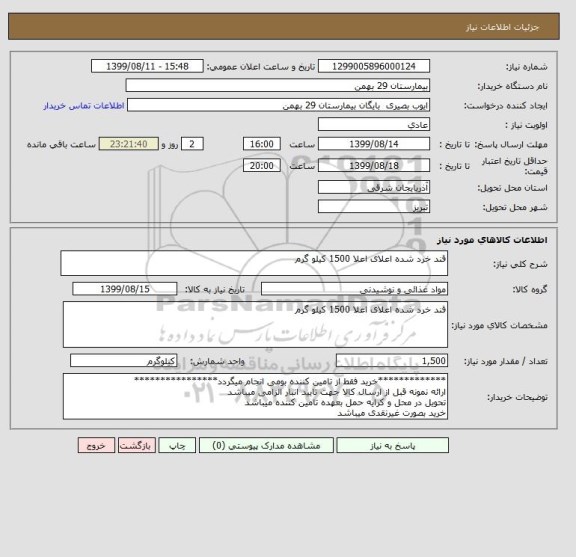 استعلام قند خرد شده اعلای اعلا 1500 کیلو گرم