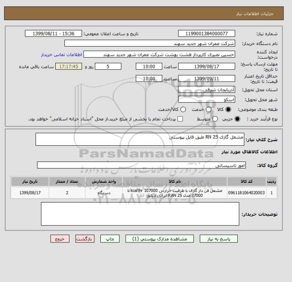 استعلام مشعل گازی RN 25 طبق فایل پیوستی 