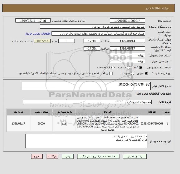 استعلام کابل UNICOM CAT6 UTP