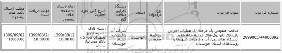 مناقصه عمومی یک مرحله ای عملیات اجرایی بازسازی تابو برق های تصفیه خانه ها و ایستگاه های پمپاژ آب و فاضلاب شهرها و روستاهای استان خوزستان