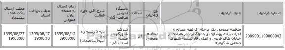 مناقصه عمومی یک مرحله ای تهیه مصالح و اجرای پیاده روسازی و جدولگذاری در تعدادی از خیابان های فرعی و اصلی فاز توسعه شهرک صنعتی شکوهیه