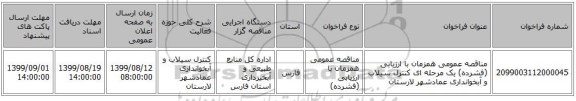 مناقصه عمومی همزمان با ارزیابی (فشرده) یک مرحله ای کنترل سیلاب و آبخوانداری عمادشهر لارستان
