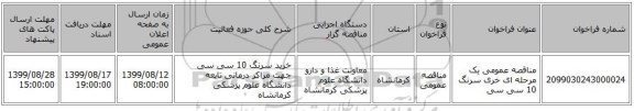 مناقصه عمومی یک مرحله ای خری سرنگ 10 سی سی