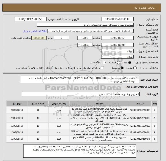 استعلام قطعات کامپیوترمشتمل برMother board ;Cpu  ;Ram ; Hard SSD ; Hard HDD مطابق بامشخصات وتعداداعلامی درپیوست		
