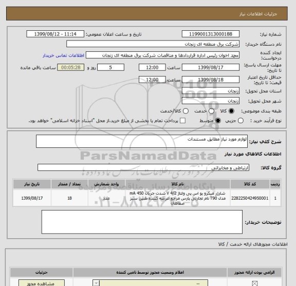 استعلام لوازم مورد نیاز مطابق مستندات