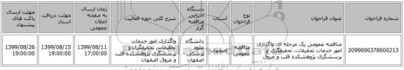 مناقصه عمومی یک مرحله ای واگذاری امور خدمات تحقیقات، تحقیقگری و پرسشگری پژوهشکده قلب و عروق