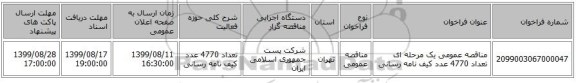 مناقصه عمومی یک مرحله ای تعداد 4770 عدد کیف نامه رسانی 