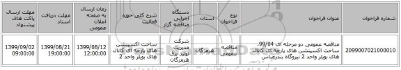 مناقصه عمومی دو مرحله ای 99/04، ساخت اکسپنشن های پارچه ای کانال های بویلر واحد 2 نیروگاه بندرعباس