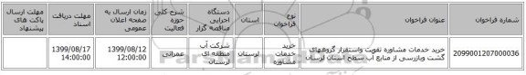 خرید خدمات مشاوره تقویت واستقرار گروههای گشت وبازرسی از منابع آب سطح استان لرسان