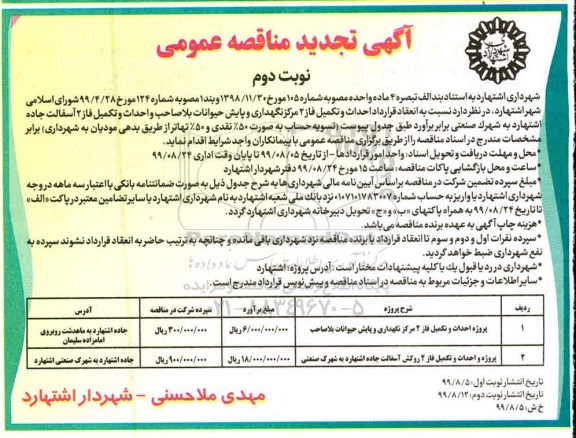 مناقصه ، مناقصه احداث و تکمیل فاز 2 مرکز نگهداری و پایش حیوانات بلاصاحب..تجدید 