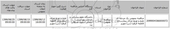 مناقصه عمومی یک مرحله ای طبخ و توزیع غذای بیمارستان فاطمه الزهرا (س) مهریز