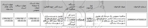 مناقصه عمومی یک مرحله ای تطبیق و مستندسازی اراضی منابع طبیعی تا مرحله تثبیت فاز دو واقع در شهرستان بشاگرد