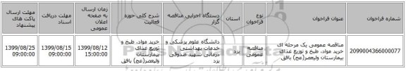 مناقصه عمومی یک مرحله ای خرید مواد، طبخ و توزیع غذای بیمارستان ولیعصر(عج) بافق