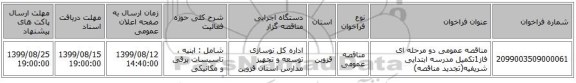 مناقصه عمومی دو مرحله ای فاز1تکمیل مدرسه ابتدایی شریفیه(تجدید مناقصه)