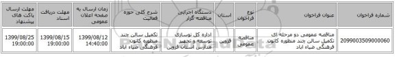 مناقصه عمومی دو مرحله ای تکمیل سالن چند منظوره کانون فرهنگی ضیاء اباد