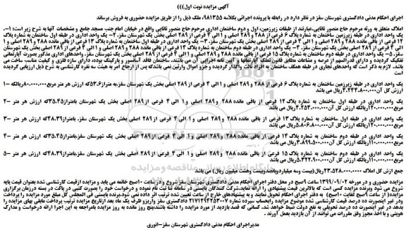 مزایده،مزایده فروش یک واحد اداری در طبقه زیرزمین ساختمان به شماره پلاک 6 فرعی از 288 و 289 اصلی و 1 الی 4 فرعی از 289 اصلی و... 
