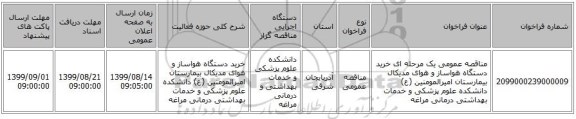 مناقصه عمومی یک مرحله ای خرید دستگاه هواساز و هوای مدیکال بیمارستان امیرالمومنین (ع) دانشکده علوم پزشکی و خدمات بهداشتی درمانی مراغه