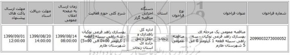 مناقصه عمومی یک مرحله ای بهسازی راهد فرعی نوکیان - سه راهی سبیله قطعه 1 کیلومتر 0 الی 5 شهرستان طارم 
