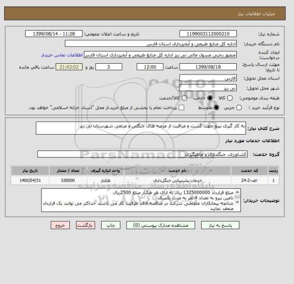 استعلام به کار گیری نیرو جهت گشت و مراقبت از عرصه های جنگلی و مرتعی شهرستان نی ریز
