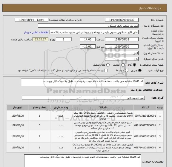 استعلام کد کالاها مشابه می باشد . مشخصات اقلام مورد درخواست ، طبق یک برگ فایل پیوست.