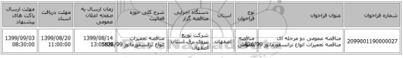 مناقصه عمومی دو مرحله ای مناقصه تعمیرات انواع ترانسفورماتور 1826/99