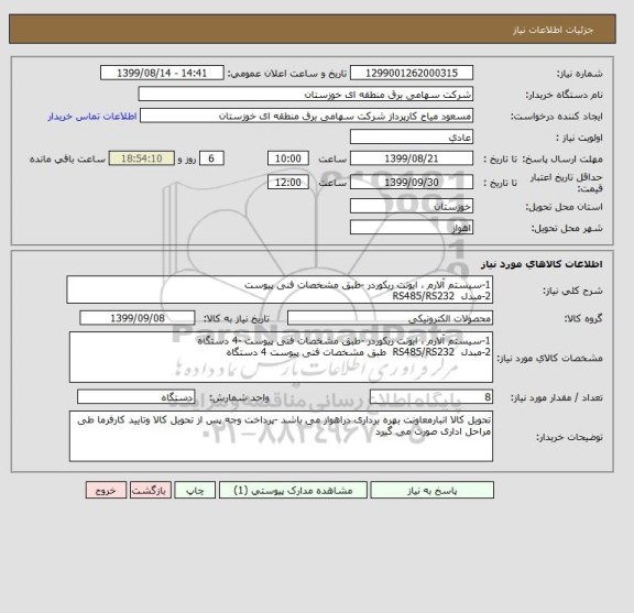 استعلام 1-سیستم آلارم ، ایونت ریکوردر -طبق مشخصات فنی پیوست 
2-مبدل  RS485/RS232