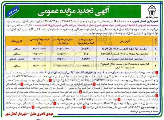 مزایده،مزایده فروش 5 قطعه از زمین نوبت دوم 