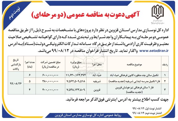مناقصه ، مناقصه تکمیل سالن چند منظوره کانون فرهنگی و...- نوبت دوم