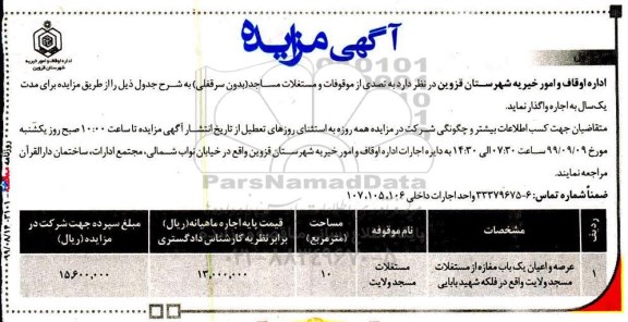 مزایده ، مزایده عرصه و اعیان یک باب مغازه از مستغلات 