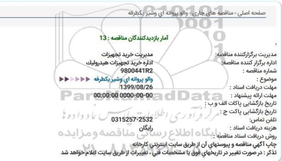 مناقصه, مناقصه والو پروانه ای و شیر یکطرفه 