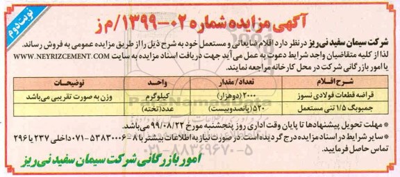مزایده, مزایده فروش اقلام ضایعاتی و مستعمل نوبت دوم 