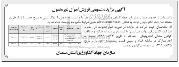 مزایده مزایده فروش 4 پلاک ثبتی کاربری کشاورزی و انبار 