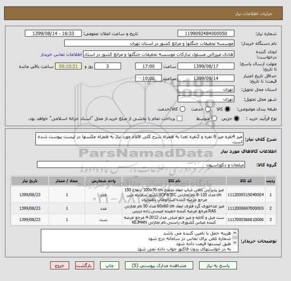 استعلام میز 4نفره میز 6 نفره و 2نفره تعدا به همراه شرح کلی اقلام مورد نیاز به همراه عکسها در لیست پیوست شده است