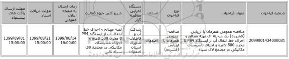 مناقصه عمومی همزمان با ارزیابی (فشرده) یک مرحله ای تهیه مصالح و اجرای خط انتقال آب از ایستگاه PS4 تا مخزن 500 لاغره و اجرای تاسیسات مکانیکی در مجتمع لای سیاه 