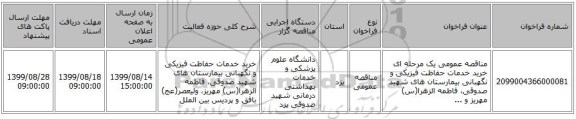 مناقصه عمومی یک مرحله ای خرید خدمات حفاظت فیزیکی و نگهبانی بیمارستان های شهید صدوقی، فاطمه الزهرا(س) مهریز و ...