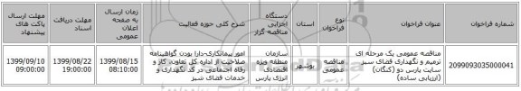 مناقصه عمومی یک مرحله ای ترمیم و نگهداری فضای سبز سایت پارس دو (کنگان)(ارزیابی ساده)