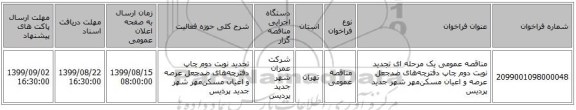 مناقصه عمومی یک مرحله ای تجدید نوبت دوم چاپ دفترچه‌های ضدجعل عرصه و اعیان مسکن‌مهر شهر جدید پردیس