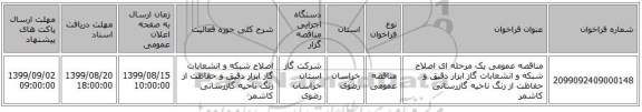 مناقصه عمومی یک مرحله ای اصلاح شبکه و انشعابات گاز ابزار دقیق و حفاظت از زنگ ناحیه گازرسانی کاشمر