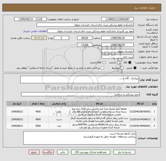 استعلام زیرانداز ، گان و ...