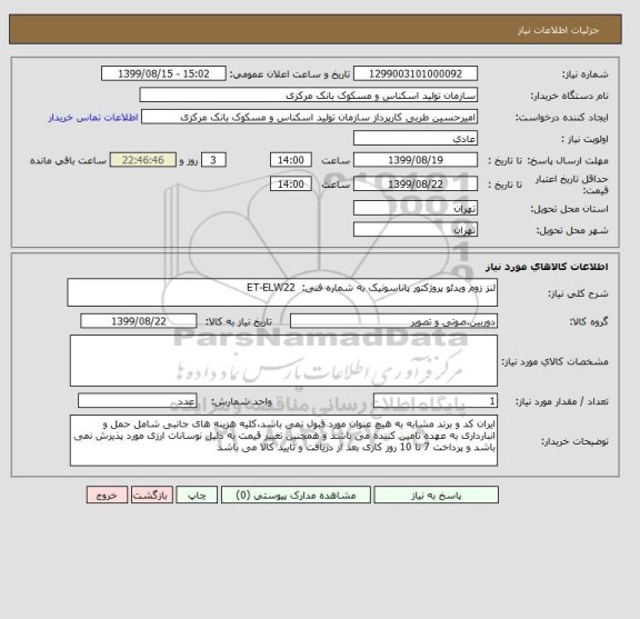 استعلام لنز زوم ویدئو پروژکتور پاناسونیک به شماره فنی:  ET-ELW22