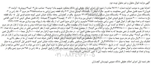 مزایده،مزایده فروش 1-یکدستگاه اتومبیل نیسان 2-2-یک قطعه زمین زراعی به مساحت37558 متر مربع و...نوبت دوم